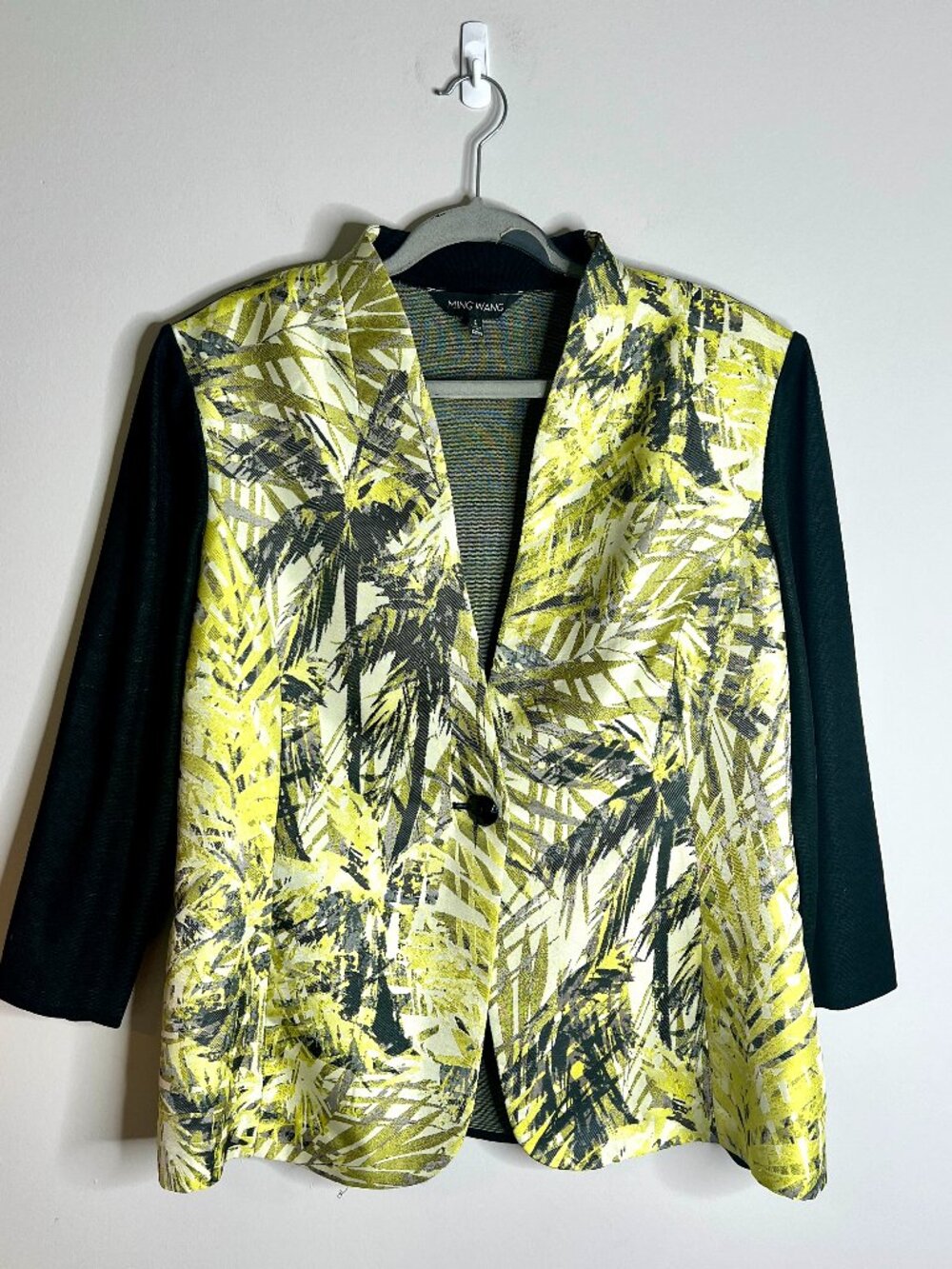 Ming Wang One-Button Blazer Tropical Palm Front Print Metallic Eclectic Sz L